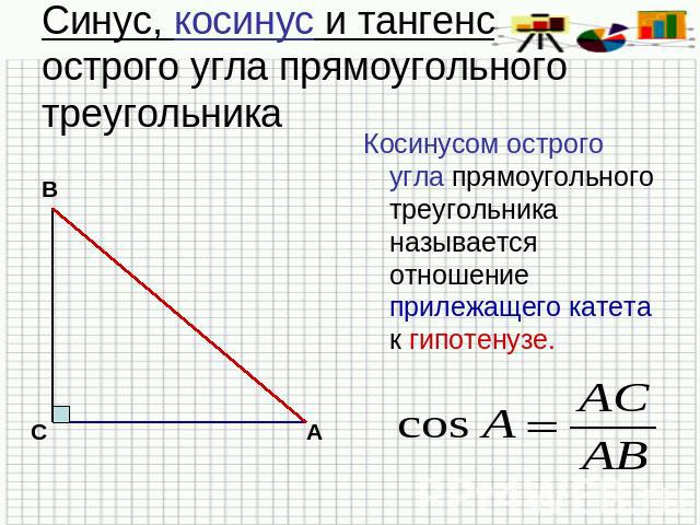 Синус, косинус и тангенс острого угла прямоугольного треугольника Косинусом острого угла прямоугольного треугольника называется отношение прилежащего катета к гипотенузе.