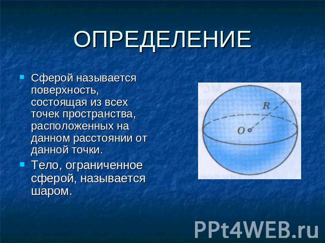 ОПРЕДЕЛЕНИЕ Сферой называется поверхность, состоящая из всех точек пространства, расположенных на данном расстоянии от данной точки. Тело, ограниченное сферой, называется шаром.