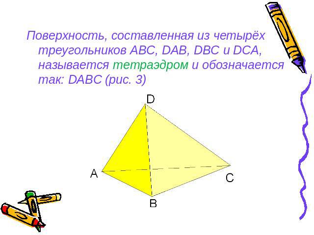 Поверхность, составленная из четырёх треугольников АВС, DAB, DBC и DCA, называется тетраэдром и обозначается так: DАBC (рис. 3)