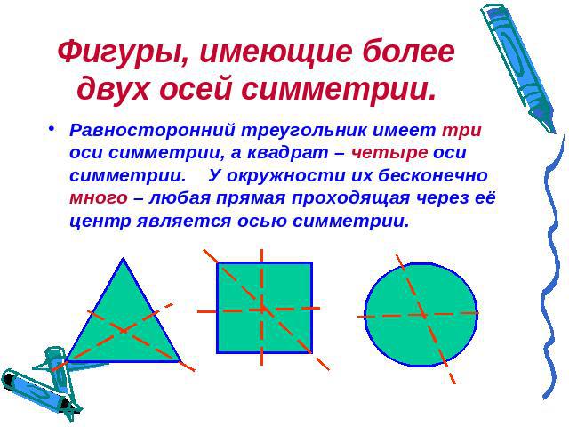 Фигуры, имеющие более двух осей симметрии. Равносторонний треугольник имеет три оси симметрии, а квадрат – четыре оси симметрии. У окружности их бесконечно много – любая прямая проходящая через её центр является осью симметрии.