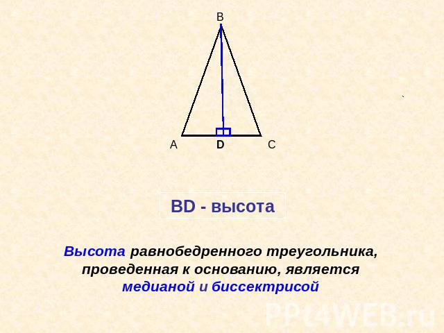 Высота равнобедренного треугольника, проведенная к основанию, является медианой и биссектрисой