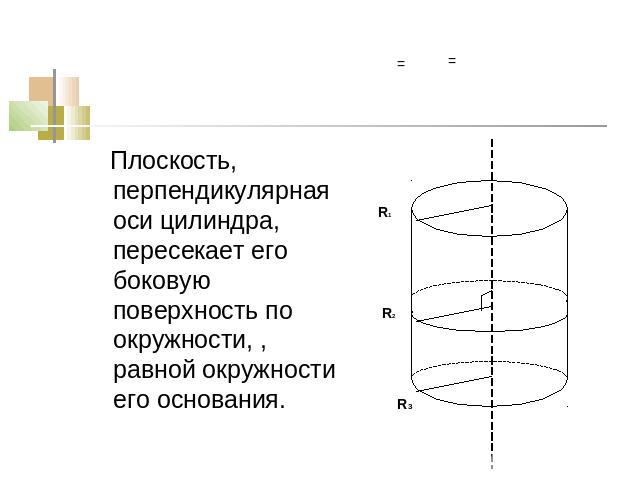 Плоскость, перпендикулярная оси цилиндра, пересекает его боковую поверхность по окружности, , равной окружности его основания.