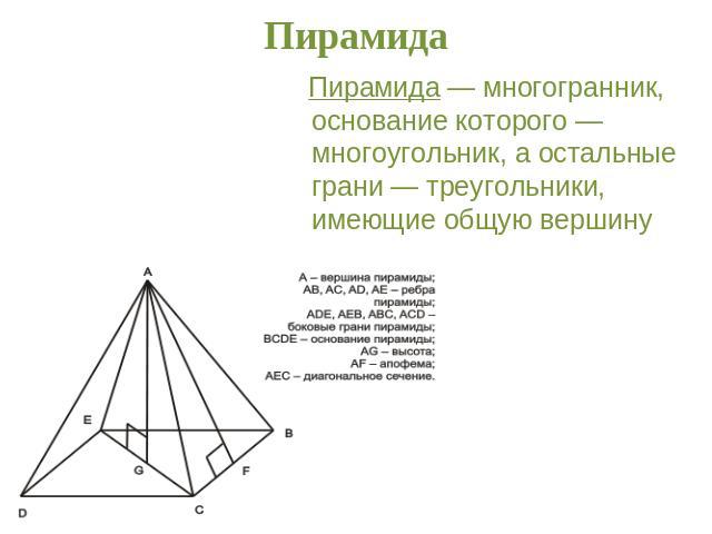 Пирамида Пирамида — многогранник, основание которого — многоугольник, а остальные грани — треугольники, имеющие общую вершину