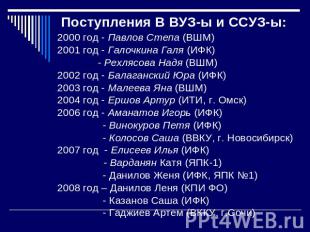 Поступления В ВУЗ-ы и ССУЗ-ы: 2000 год - Павлов Степа (ВШМ)2001 год - Галочкина