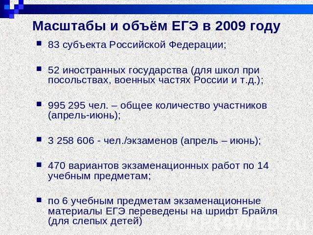 Масштабы и объём ЕГЭ в 2009 году 83 субъекта Российской Федерации;52 иностранных государства (для школ при посольствах, военных частях России и т.д.);995 295 чел. – общее количество участников (апрель-июнь);3 258 606 - чел./экзаменов (апрель – июнь)…