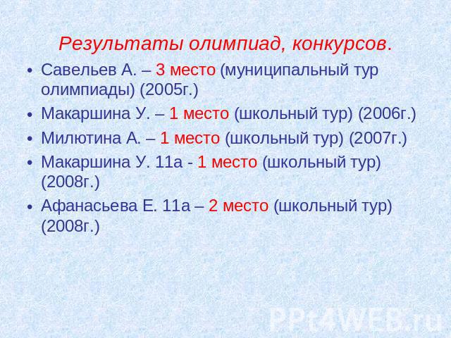 Результаты олимпиад, конкурсов. Савельев А. – 3 место (муниципальный тур олимпиады) (2005г.)Макаршина У. – 1 место (школьный тур) (2006г.)Милютина А. – 1 место (школьный тур) (2007г.)Макаршина У. 11а - 1 место (школьный тур) (2008г.)Афанасьева Е. 11…