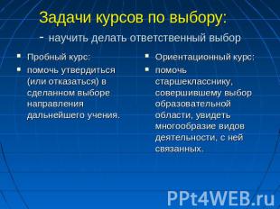 Задачи курсов по выбору:- научить делать ответственный выбор Пробный курс:помочь