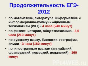 Продолжительность ЕГЭ-2012 по математике, литературе, информатике и информационн