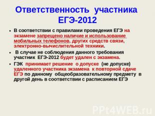 Ответственность участника ЕГЭ-2012 В соответствии с правилами проведения ЕГЭ на