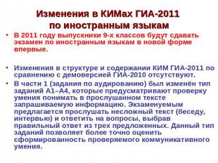 Изменения в КИМах ГИА-2011 по иностранным языкам В 2011 году выпускники 9-х клас