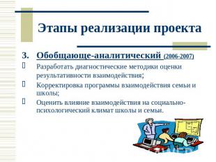 Этапы реализации проекта Обобщающе-аналитический (2006-2007)Разработать диагност