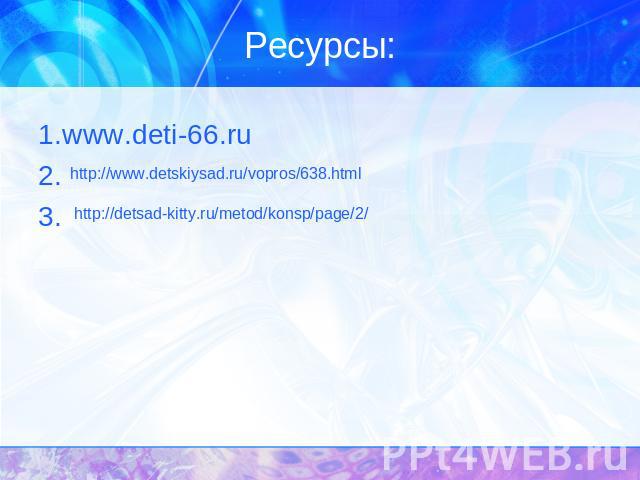 Ресурсы: 1.www.deti-66.ru2.3.http://www.detskiysad.ru/vopros/638.htmlhttp://detsad-kitty.ru/metod/konsp/page/2/