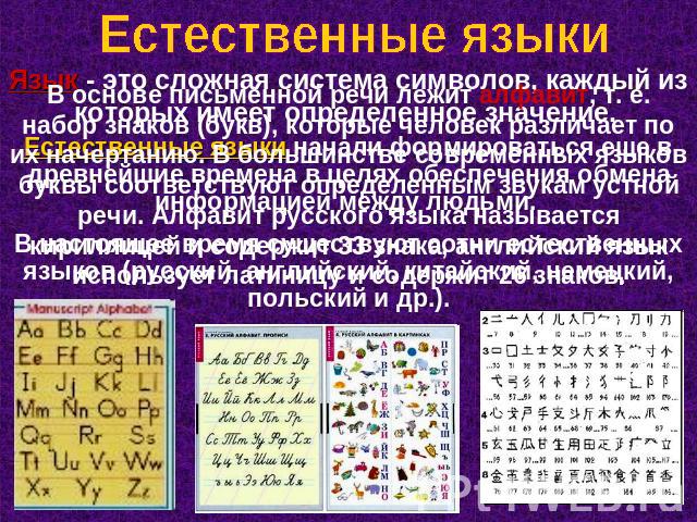 Естественные языки В основе письменной речи лежит алфавит, т. е. набор знаков (букв), которые человек различает по их начертанию. В большинстве современных языков буквы соответствуют определенным звукам устной речи. Алфавит русского языка называется…