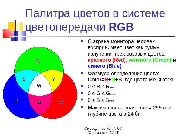 Палитра цветов в системе цветопередачи RGB С экрана монитора человек воспринимает цвет как сумму излучения трех базовых цветов: красного (Red), зеленого (Green) и синего (Blue)Формула определения цвета: Color=R+G+B, где цвета меняются0 ≤ R ≤ Rmax0 ≤…