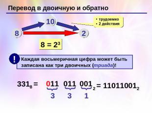 Перевод в двоичную и обратно Каждая восьмеричная цифра может быть записана как т