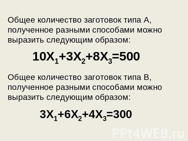 Общее количество заготовок типа А, полученное разными способами можно выразить следующим образом: 10Х1+3Х2+8Х3=500Общее количество заготовок типа В, полученное разными способами можно выразить следующим образом:3Х1+6Х2+4Х3=300