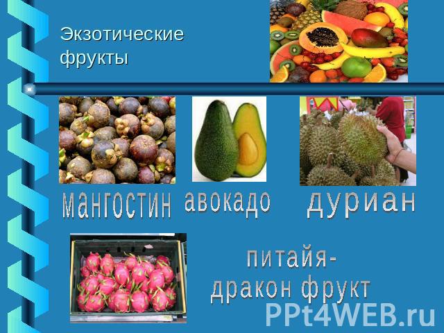 Экзотические фрукты мангостинавокадодуриан питайя-дракон фрукт
