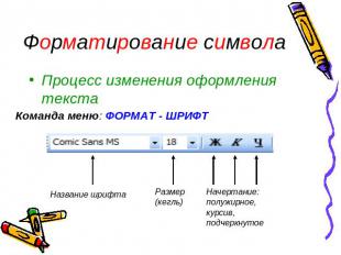 Форматирование символа Процесс изменения оформления текстаКоманда меню: ФОРМАТ -