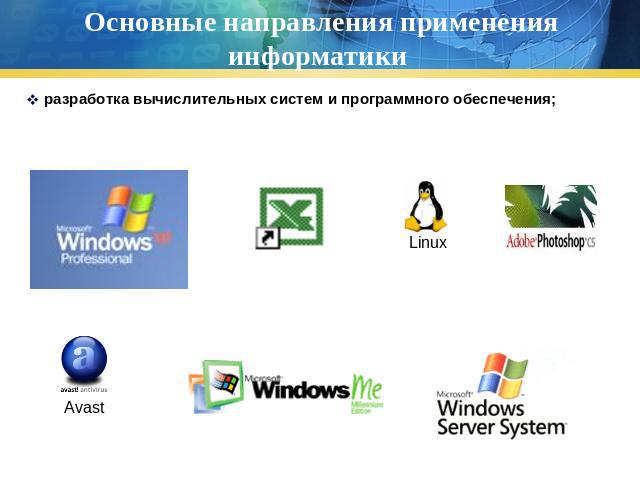 Основные направления применения информатики разработка вычислительных систем и программного обеспечения;