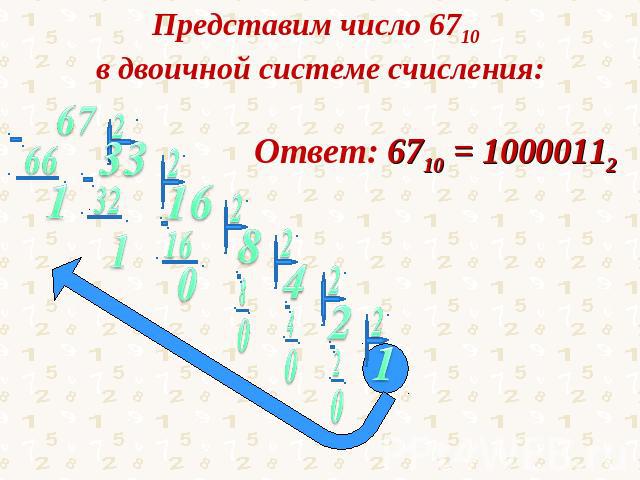 Представим число 6710 в двоичной системе счисления: Ответ: 6710 = 10000112