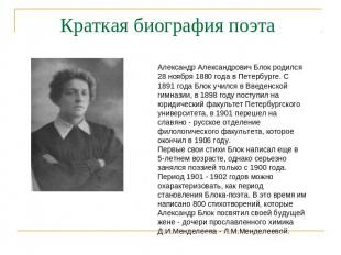 Краткая биография поэта Александр Александрович Блок родился 28 ноября 1880 года