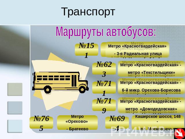 Транспорт Маршруты автобусов: