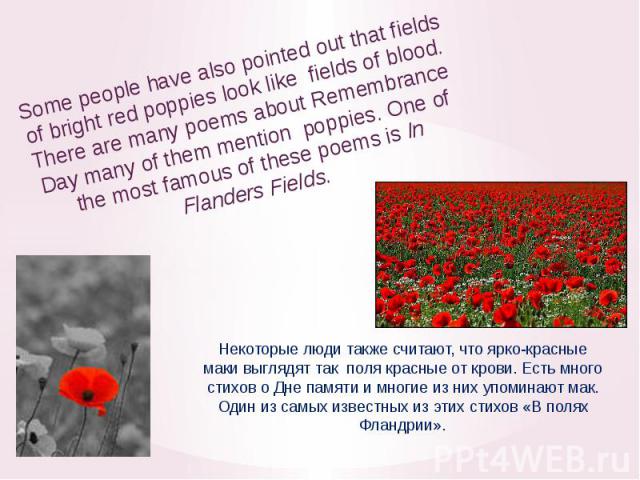 Some people have also pointed out that fields of bright red poppies look like fields of blood. There are many poems about Remembrance Day many of them mention poppies. One of the most famous of these poems is In Flanders Fields.Некоторые люди также …