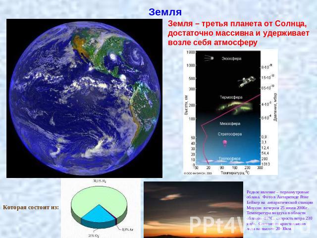 Земля Земля – третья планета от Солнца, достаточно массивна и удерживает возле себя атмосферу Редкое явление – перламутровые облака. Фото в Антарктиде Рене Бейкер на антарктической станции Моусон вечером 25 июля 2006г. Температура воздуха в области …