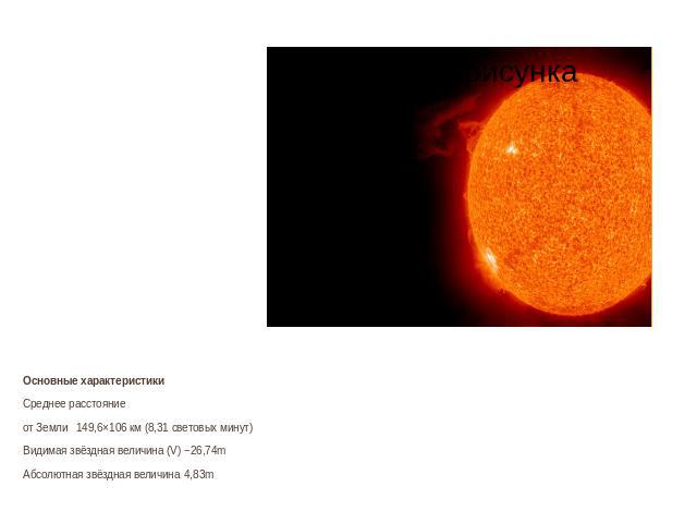 Основные характеристики Среднее расстояние от Земли149,6×106 км (8,31 световых минут) Видимая звёздная величина (V)−26,74m Абсолютная звёздная величина4,83m