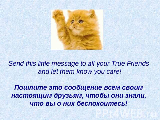 Send this little message to all your True Friends and let them know you care!   Пошлите это сообщение всем своим настоящим друзьям, чтобы они знали, что вы о них беспокоитесь!