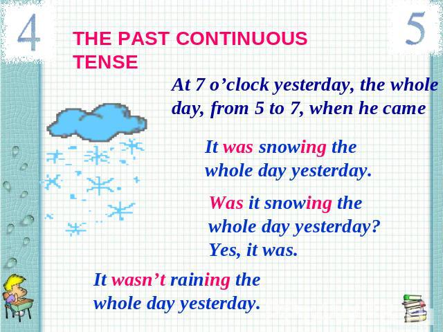 THE PAST CONTINUOUS TENSE At 7 o’clock yesterday, the whole day, from 5 to 7, when he came It was snowing the whole day yesterday. Was it snowing the whole day yesterday? Yes, it was. It wasn’t raining the whole day yesterday.