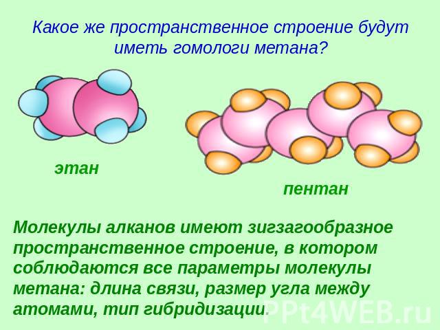 Какое же пространственное строение будут иметь гомологи метана? Молекулы алканов имеют зигзагообразное пространственное строение, в котором соблюдаются все параметры молекулы метана: длина связи, размер угла между атомами, тип гибридизации.