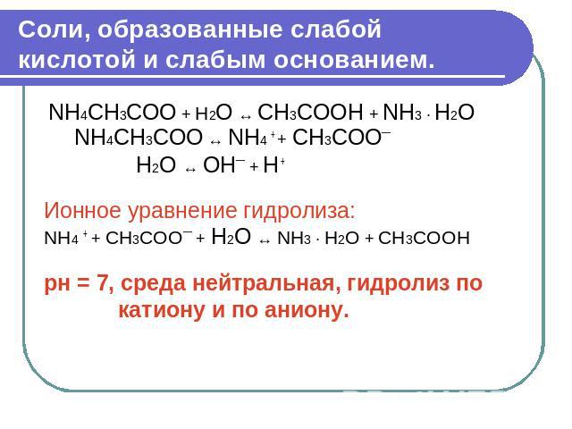 Соли, образованные слабой кислотой и слабым основанием. NH4СН3СОО + H2O ↔ СН3СООН + NH3 · H2О NH4СН3СОО ↔ NH4 + + СН3СОО¯ Н2О ↔ OH¯ + H + Ионное уравнение гидролиза: NH4 + + СН3СОО¯ + Н2О ↔ NH3 · H2О + СН3СООН рн = 7, среда нейтральная, гидролиз по …