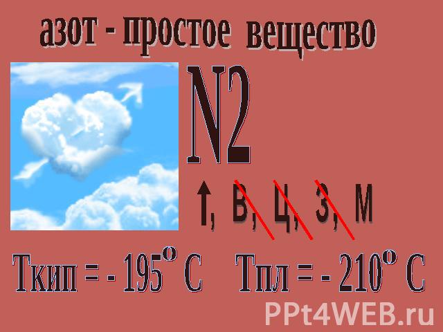 азот - простое вещество Ткип = - 195 С Тпл = - 210 С