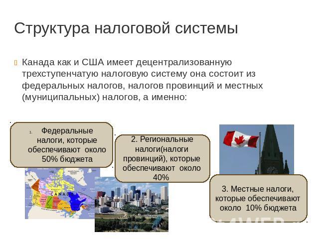Структура налоговой системы Канада как и США имеет децентрализованную трехступенчатую налоговую систему она состоит из федеральных налогов, налогов провинций и местных (муниципальных) налогов, а именно: