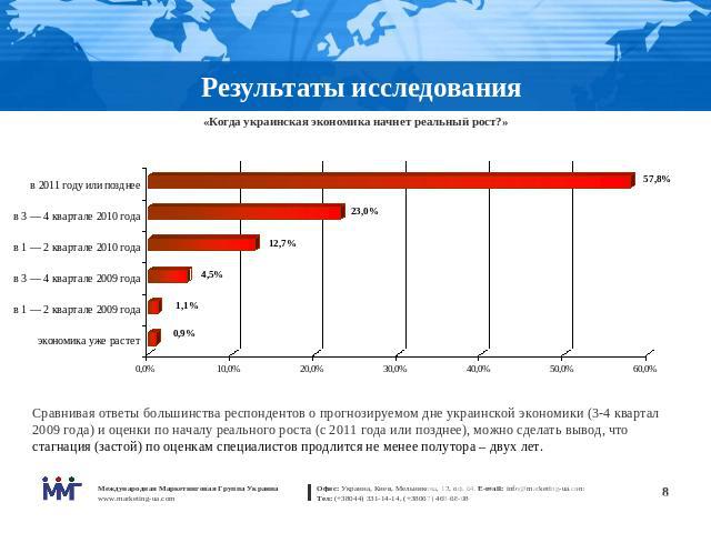 «Когда украинская экономика начнет реальный рост?» Сравнивая ответы большинства респондентов о прогнозируемом дне украинской экономики (3-4 квартал 2009 года) и оценки по началу реального роста (с 2011 года или позднее), можно сделать вывод, что ста…