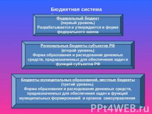 Бюджетная система РФ Федеральный бюджет (первый уровень) Разрабатывается и утвер