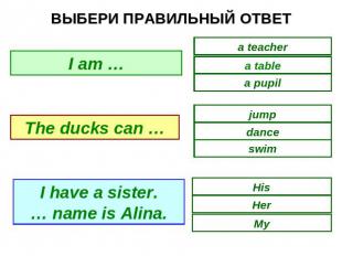 ВЫБЕРИ ПРАВИЛЬНЫЙ ОТВЕТ I am ... The ducks can … I have a sister. … name is Alin