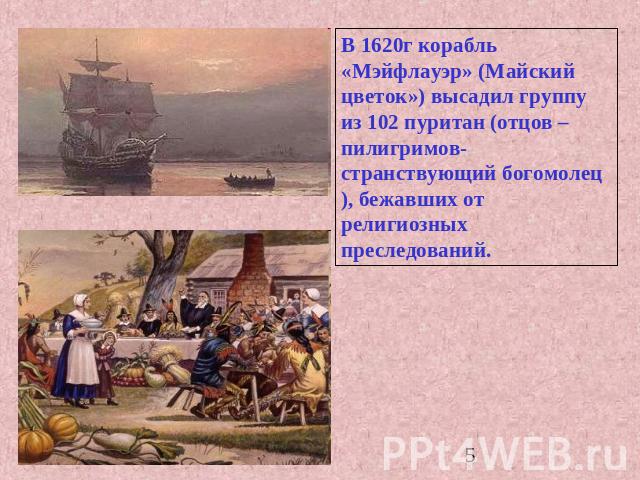 В 1620г корабль «Мэйфлауэр» (Майский цветок») высадил группу из 102 пуритан (отцов –пилигримов-странствующий богомолец), бежавших от религиозных преследований.