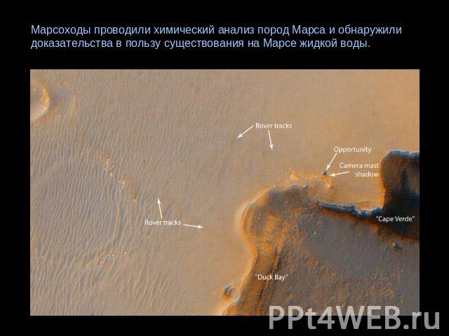 Марсоходы проводили химический анализ пород Марса и обнаружили доказательства в пользу существования на Марсе жидкой воды.