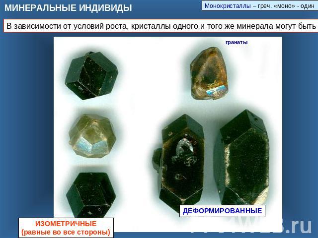 МИНЕРАЛЬНЫЕ ИНДИВИДЫ В зависимости от условий роста, кристаллы одного и того же минерала могут быть