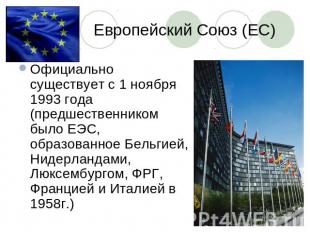 Европейский Союз (ЕС) Официально существует с 1 ноября 1993 года (предшественник