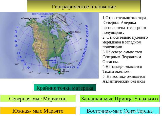 Географическое положение 1.Относительно экватора Северная Америка расположена с северном полушарии . 2. Относительно нулевого меридиана в западном полушарии. 3.На севере омывается Северным Ледовитым Океаном. 4.На западе омывается Тихим океаном. 5. Н…