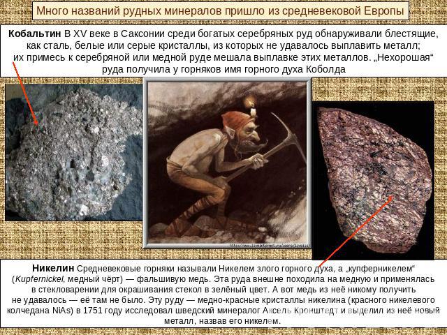 Много названий рудных минералов пришло из средневековой Европы Кобальтин В XV веке в Саксонии среди богатых серебряных руд обнаруживали блестящие, как сталь, белые или серые кристаллы, из которых не удавалось выплавить металл; их примесь к серебряно…