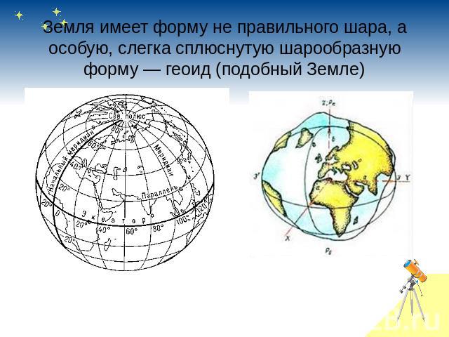 Земля имеет форму не правильного шара, а особую, слегка сплюснутую шарообразную форму— геоид (подобный Земле)