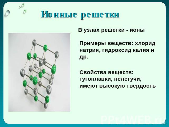 Ионные решетки В узлах решетки - ионы Примеры веществ: хлорид натрия, гидроксид калия и др. Свойства веществ: тугоплавки, нелетучи, имеют высокую твердость