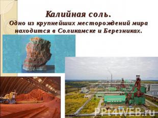 Калийная соль.Одно из крупнейших месторождений мира находится в Соликамске и Бер