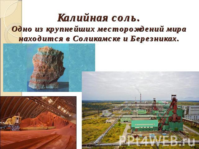 Калийная соль.Одно из крупнейших месторождений мира находится в Соликамске и Березниках.
