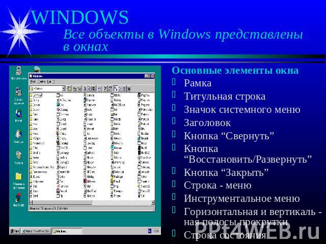 WINDOWS Все объекты в Windows представлены в окнах Основные элементы окна Рамка Титульная строка Значок системного меню Заголовок Кнопка “Свернуть” Кнопка “Восстановить/Развернуть” Кнопка “Закрыть” Строка - меню Инструментальное меню Горизонтальная …