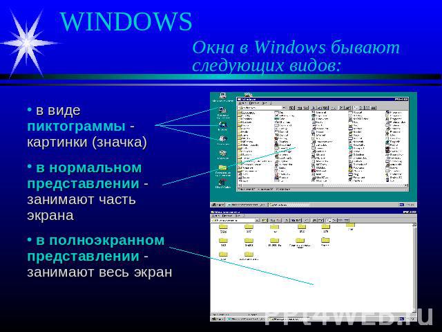 WINDOWS Окна в Windows бывают следующих видов: в виде пиктограммы - картинки (значка) в нормальном представлении - занимают часть экрана в полноэкранном представлении - занимают весь экран